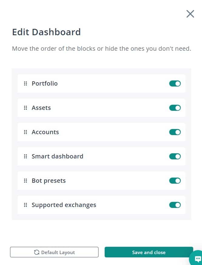 ventana para modificar las opciones del panel de control de 3commas
