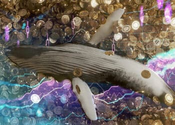 ballena sobre mar de monedas de bitcoin con grafico de precio superpuesto