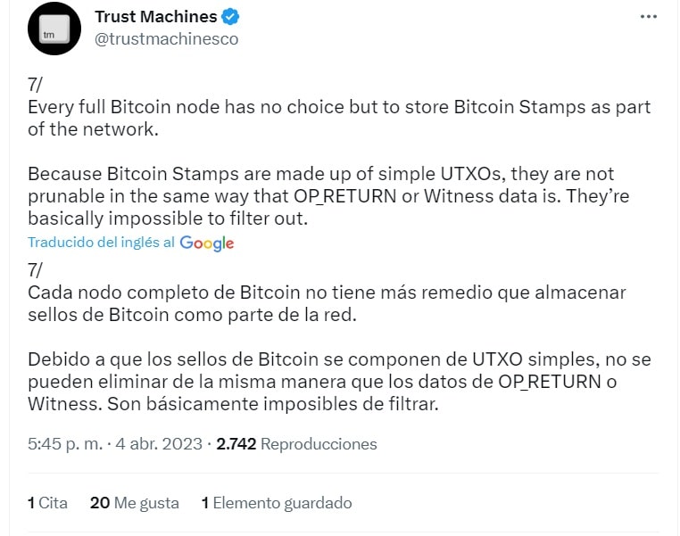 el usuario de twitter @trustmachines explica en un hilo: "Cada nodo completo de Bitcoin no tiene más remedio que almacenar sellos de Bitcoin como parte de la red. Debido a que los sellos de bitcoin se componene de UTXO simples, no se pueden eliminar de la misma manera que los datos de OP_RETURN o Witness. Son basicamente imposibles de filtrar