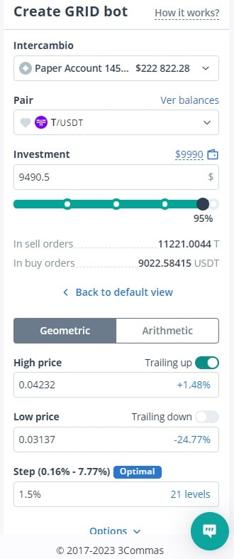 Pantalla de configuración de GRID Bot en 3commas