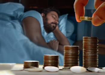 mano apilando monedas con persona durmiendo en el fondo