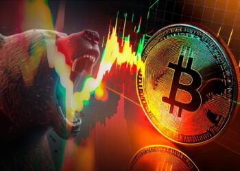 oso rugiendo junto a moneda de bitcoin con grafico de precio creciente