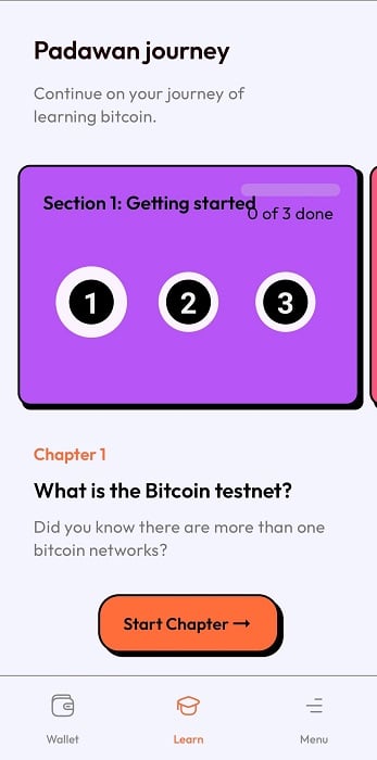 captura de pantalla de padawan wallet mostrando el "padawan Journey" para el aprendizaje sobre bitcoin