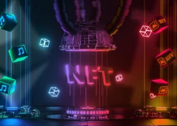 bloques de NFT en redes digitales con logos de bitcoin y ethereum en el fondo