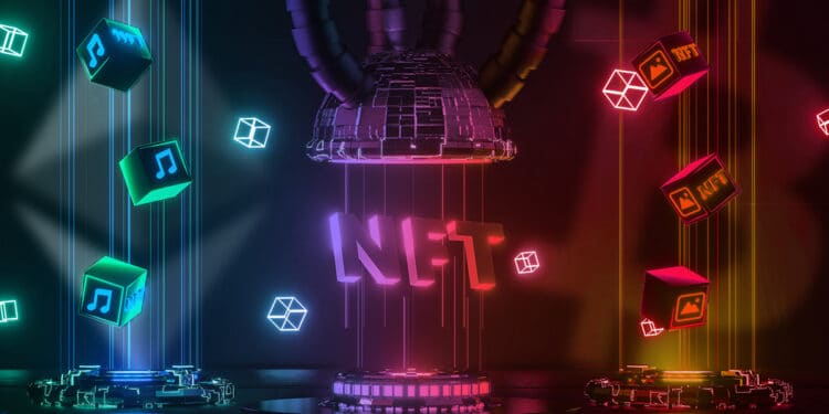 bloques de NFT en redes digitales con logos de bitcoin y ethereum en el fondo