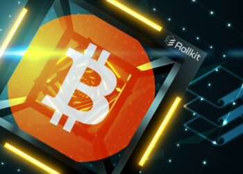 logo de bitcoin dentro de cibo digital encadenado con logo de rollkit