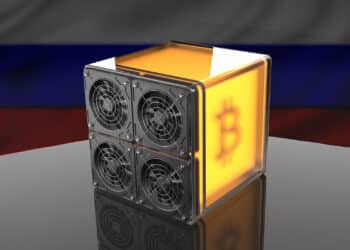 Minero de bitcoin con bandera de Rusia.