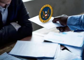 persona entregando documento con logo de la SEC a persona sentada en mesa con documentos apilados