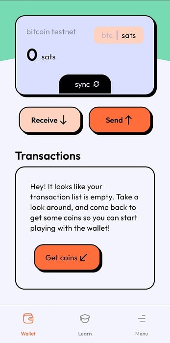 captura de pantalla de padawan wallet en la sección para solicitar saldo en BTC para las pruebas de la billetera