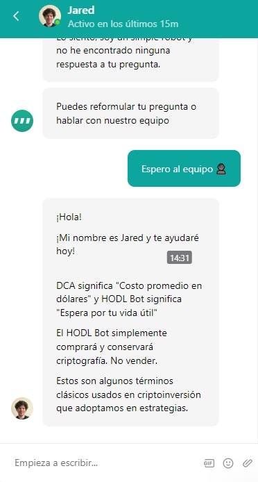 Respuesta rápida del equipo humano de soporte de 3commas.