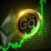 moneda con logo de Goerli sobre grafico de precio e aumento con código y logo de ethereum en el fondo