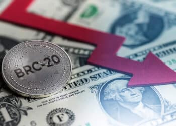 moneda de BRC-20 sobre billetes de dolares junto a flecha roja señalando disminución