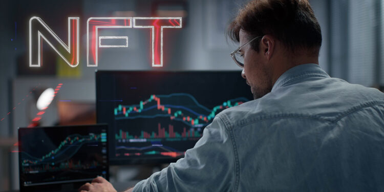 traer analizando graficos de precio en pantalla con NFT en el fondo