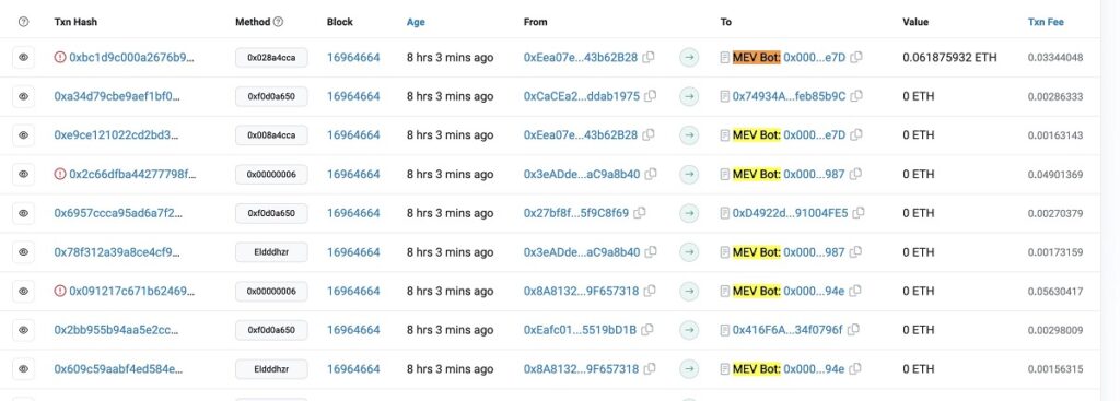 listado de las transacciones que generaban errores en el bot MEV