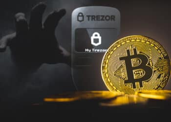 moneda de bitcoin con hardware wallet de Trezor y mano acechando en el fondo