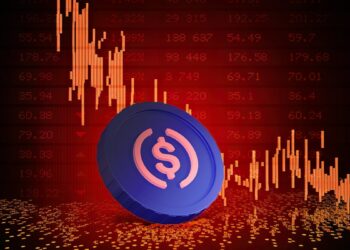 moneda de USDC con grafico de precio cayendo e indicadores de mercado en el fondo en rojo