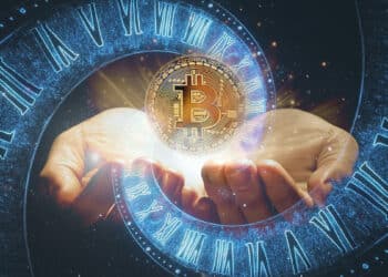 mano sosteniendo moneda de bitcoin con vortice de tiempo superpuesto