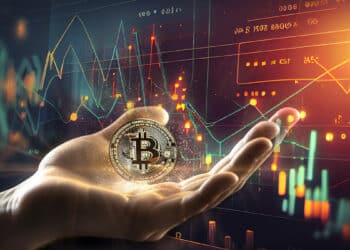 mano sosteniendo moneda de bitcoin con graficos de precio en el fondo