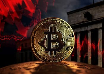 moneda de bitcoin con grafico de precio y presion bajista sobre reserva federal en el fondo