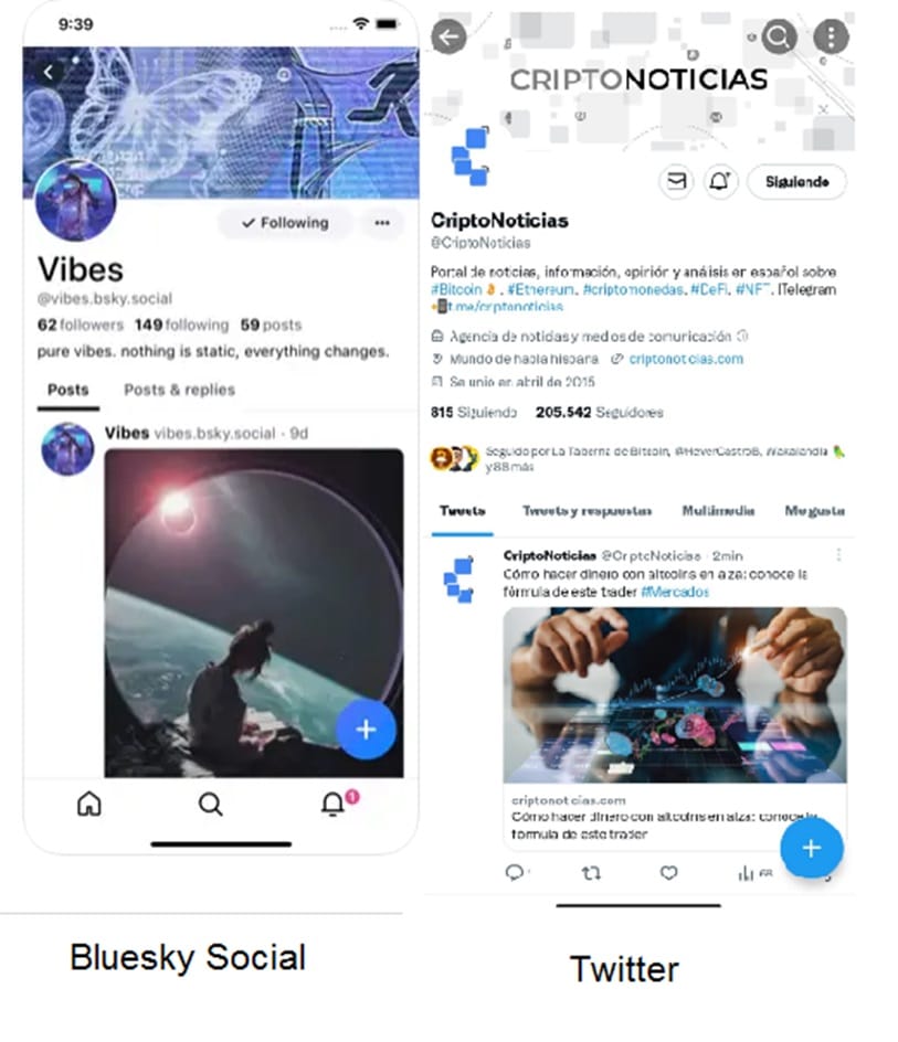 comparación del perfil de usuario en twitter y en bluesky