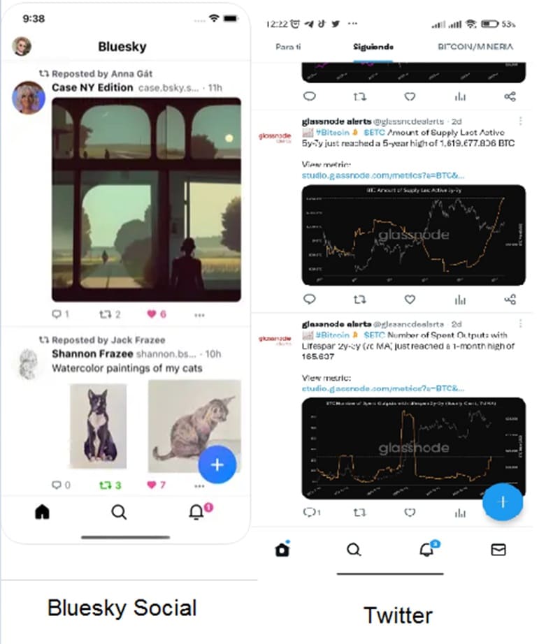 comparación de las publicaciones en twitter y las publicaciones en la red social Bluesky
