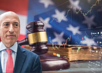 Gary Gensler con escritorio legal y pantallas con exchanges de criptomonedas en el fondo