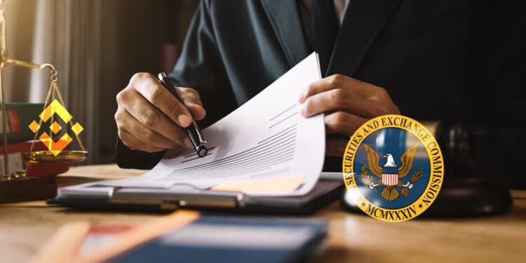 escritorio legal con logos de Binance sobre balanza y logo de la SEC sobre la mesa