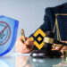 escudo con logo de la SEC tachado protegiendo persona firmando documento con logo de binance junto a martillo de juez
