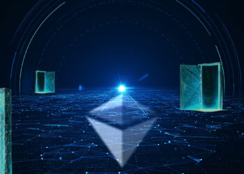 puertas digitales abiertas spobre red digital con logo de ethereum superpuesto