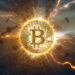 moneda de bitcoin entre relampagos en red con relojes marcando paso de tiempo en el fondo