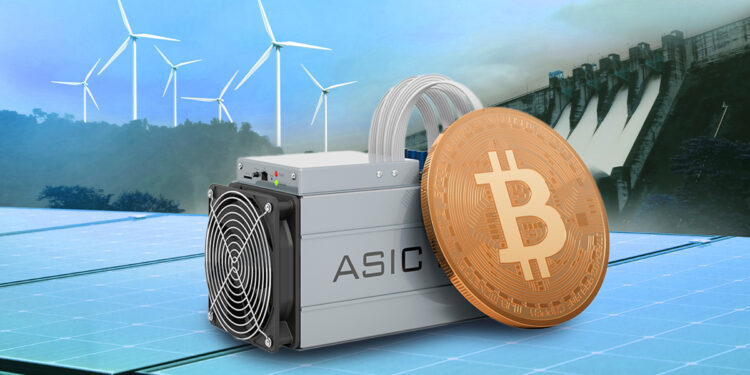 moneda de bitcoin apoyada en minero asic sobre paneles de energía solar con turbinas eolicas y represa de agua en el fondo