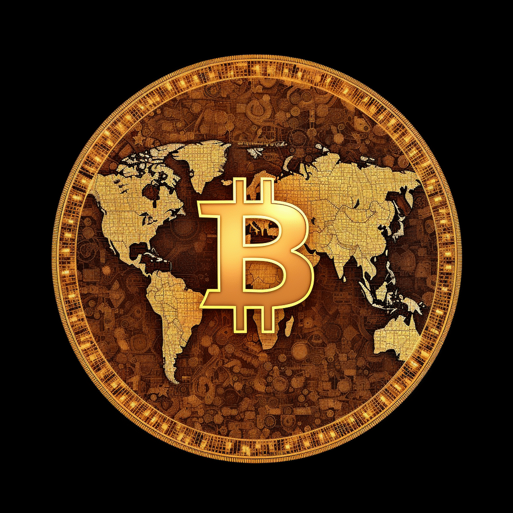 Imagen de un mundo bitcoinizado, generada por el software de inteligencia artificial MidJourney. Fuente: MidJourney en base a un prompt de CriptoNoticias.