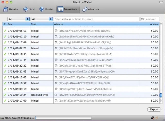 listado de las primeras transacciones de bitcoin realizadas por Hal Finney durante los inicios de bitcoin