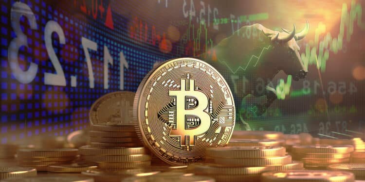 moneda de bitcoin con grafico de precio y toro verde en el fondo