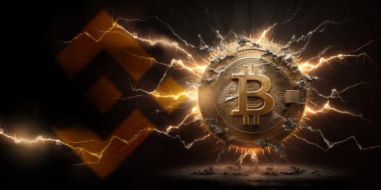 moneda de bitcoin entre relampagos junto a logo de binance