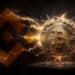 moneda de bitcoin entre relampagos junto a logo de binance