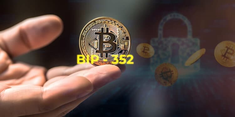 mano sosteniendo moneda de bitcoin con "BIP-352" superpuesto junto a monedas de bitcoin flotando con candado digital en el fondo