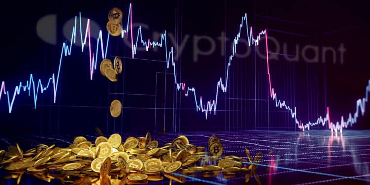 monedas de bitcoin cayendo en superficie de cristal con graficos de precio y logo de cryptoquant en el fondo