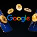 transacción de criptomonedas y logo de Google.