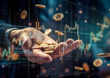 mano recibiendo monedas de bitcoin que caen con grafico de precio alcista
