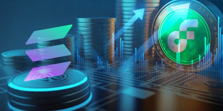 monedas con logos de solana y flow entre monedas digitales con grafico de precio señalando alza