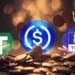 logos de las stablecoins tether, USDC y TrueUSD entre monedas apiladas y monedas cayendo en el fondo
