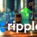 logo de Ripple sobre escritorio con martillo de juez, con grafico alcista de precio y criptomonedas subiendo junto a flecha en el fondo