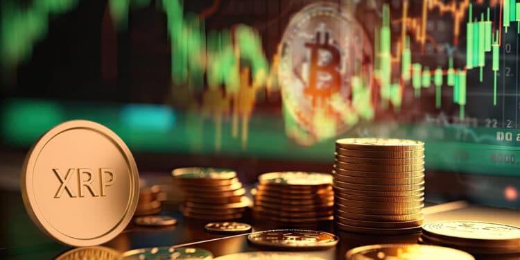 moneda de XRP entre monedas apiladas con grafico de precio alcista con moneda de bitcoin en el fondo