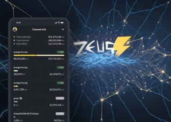 telefono movil con wallet de bitcoin zeuz en pantalla con red de relampagos interconectados con logo de Zeuz en el centro