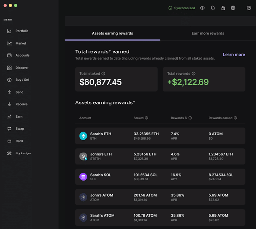 Vistazo del panel de ganancias pasivas de Ledger Live.