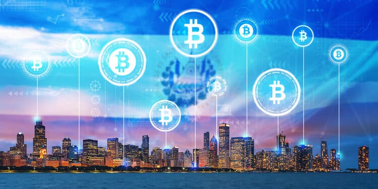 ciudad con startups de bitcoin y bandera de El Salvador en el fondo