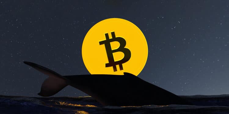 ballena nadando en mar moviendo moneda de bitcoin