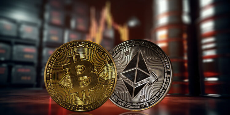 monedas de bitcoin y ethereum con barriles de petroleo y grafico de precio en el fondo