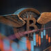 Bitcoin con alas y grafico de mercado.
